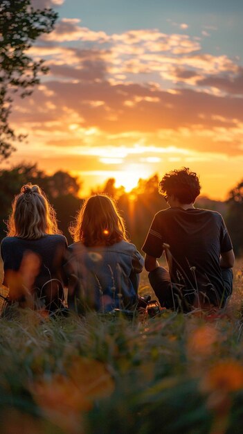 写真 夕暮れの緑の敷地に座っている多様な若い友達