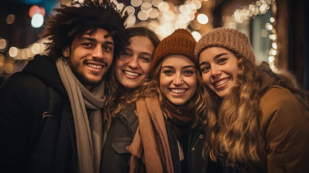 街の外でクリスマスと新年の祝いを祝う若く多様な友達のグループ