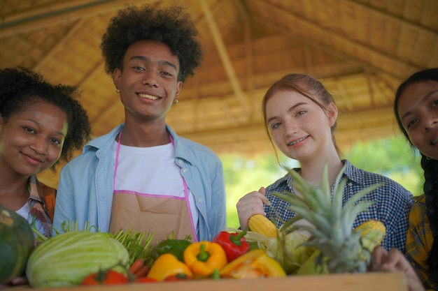 Young diverse people enjoy activity in plantation at organic farm