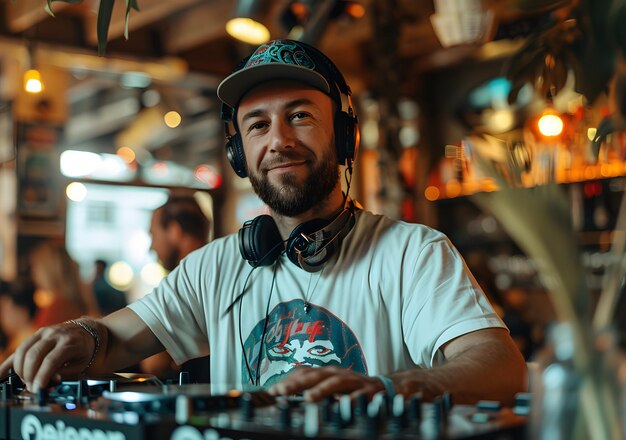 Young DJ playing mixed music in a summer beach bar Concept fun party