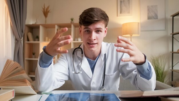 Young doctor healthcare specialist online consultation positive man in medical uniform talking at