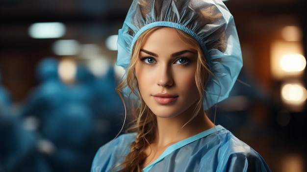 Photo young doctor portrait in blue suit stethoscope and protective breathing mask with his hands on his