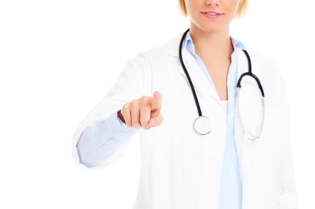 a young doctor pressing the screen over white background