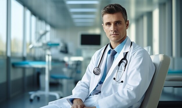 Young doctor sitting in modern medical office interior