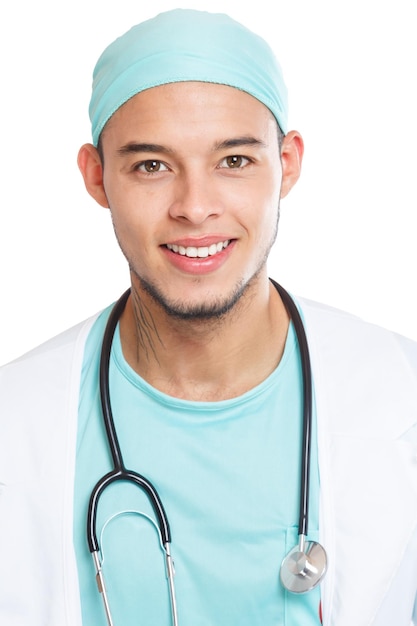 Young doctor smiling happy face portrait format occupation job isolated