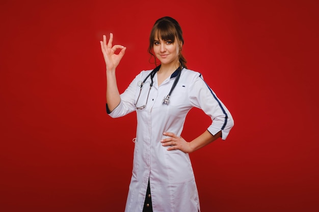 A young doctor stands on a red background and shows his hand everything will be fine. The doctor shows OK.