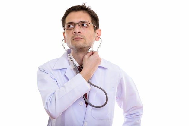 young doctor using stethoscope on neck