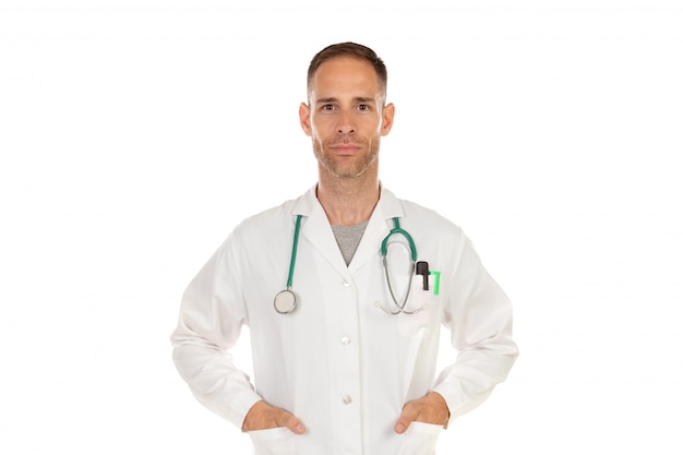 Young doctor wearing a white gown and with a stethoscope