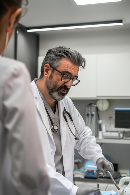 Young doctor in a white coat attends to a patient