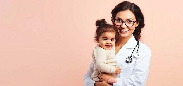 Photo young doctor woman over isolated background pointing finger to the side one volor background