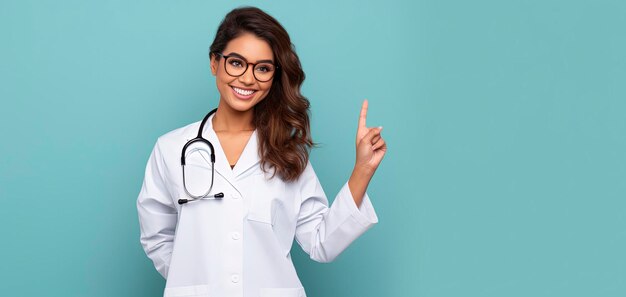 Photo young doctor woman over isolated background pointing finger to the side one volor background