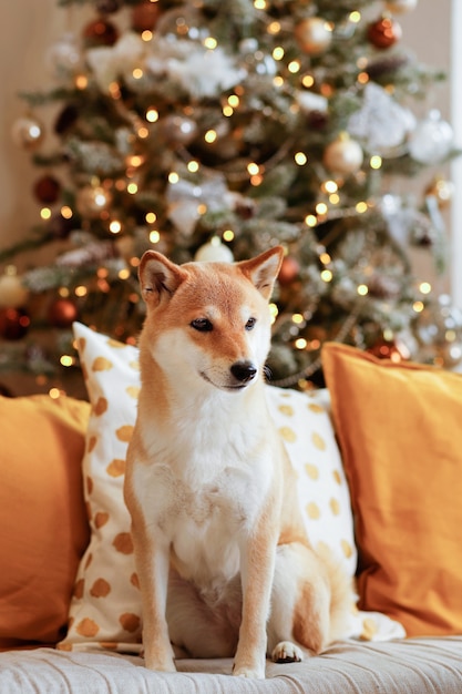 A young dog Shiba Inu is sitting on a gray sofa with colored decorative pillows