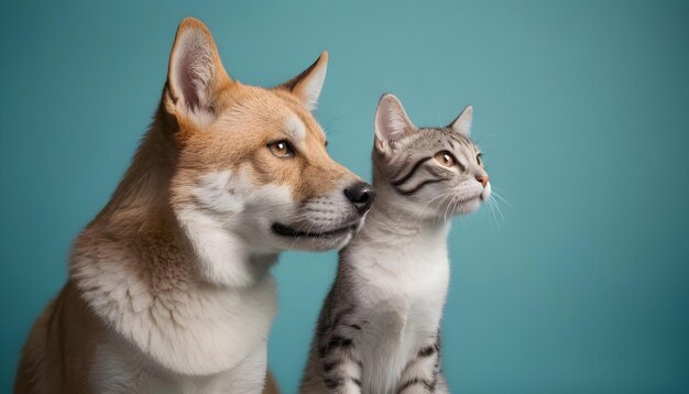 Foto un giovane cane e un gatto tabby seduti insieme contro uno sfondo azzurro