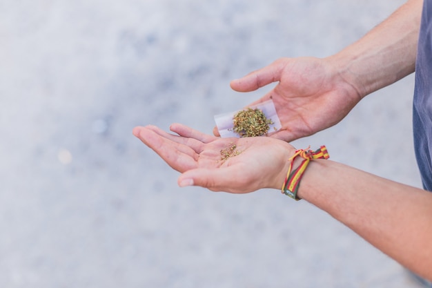 Young doing a marijuana joint close up smoke cannabis as a concept of alternative medicine and legal...