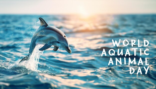 Foto giovane delfino che salta dal mare al tramonto giornata mondiale degli animali acquatici