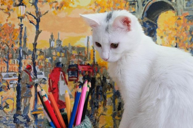 A young domestic white cat looking at the colorful crayons on a beautiful colorful background