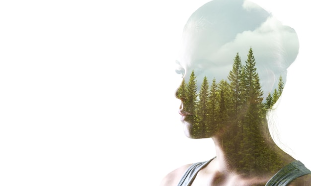 Photo young double exposure woman and nature background