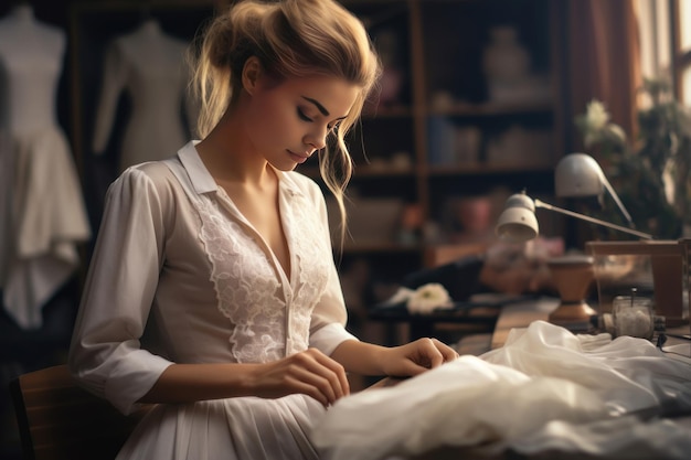 Photo young dressmaker in workroom business fashion design work job generate ai