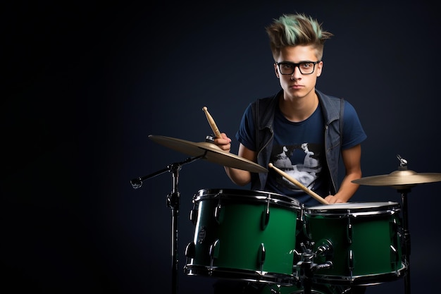 Foto giovane batterista seduto dietro il kit di batteria studio girato sfondo scuro ai generativa