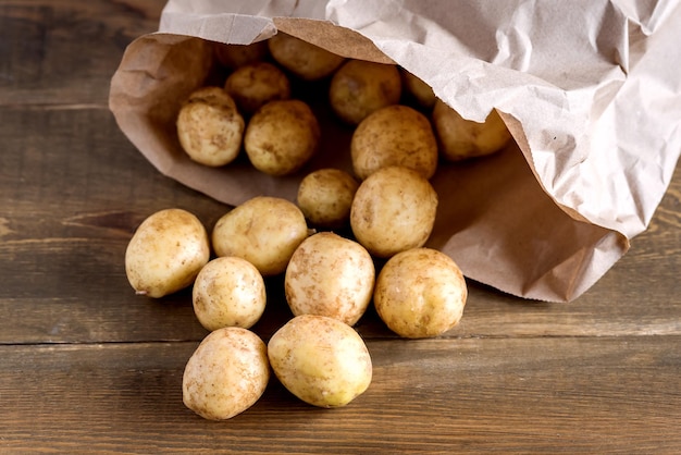 Young early potatoes in an old aluminum small bucket on a wooden background