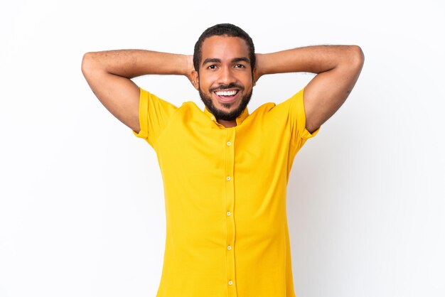 Young Ecuadorian man isolated on white background laughing