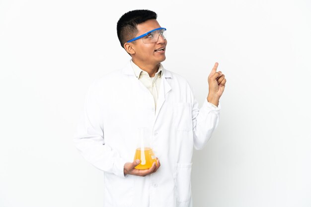 Young Ecuadorian scientific man intending to realizes the solution while lifting a finger up