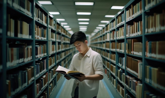 A young Egyptian man is confused looking for a book in a library