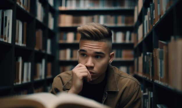 A young Egyptian man is confused looking for a book in a library