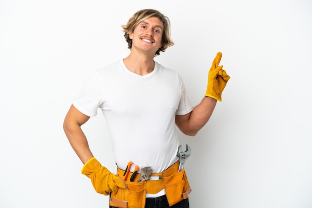Young electrician blonde man isolated on white background showing and lifting a finger in sign of the best