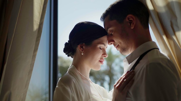 young elegant couple hugging at the window action a beautiful woman in a white suit with a man on