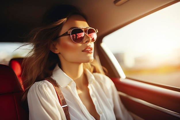 young elegant woman in her car