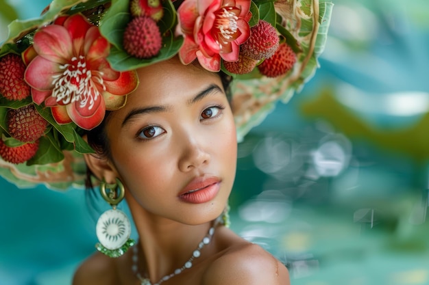 Photo young elegant woman with exotic flower and fruit hat against a tropical background