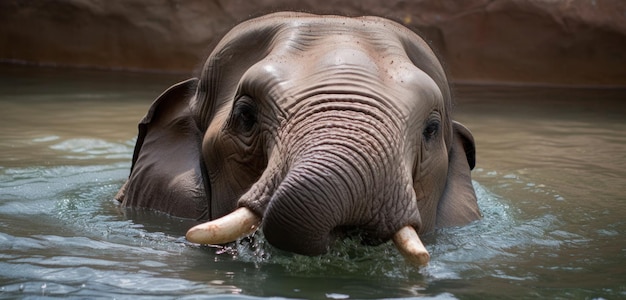 A young elephant swims in a pool of water.