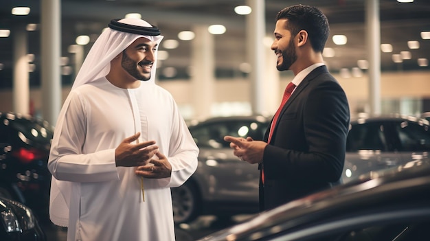 Молодой эмиратский бизнесмен в традиционном ОАЭ разговаривает с продавцом в автосалоне суперкаров