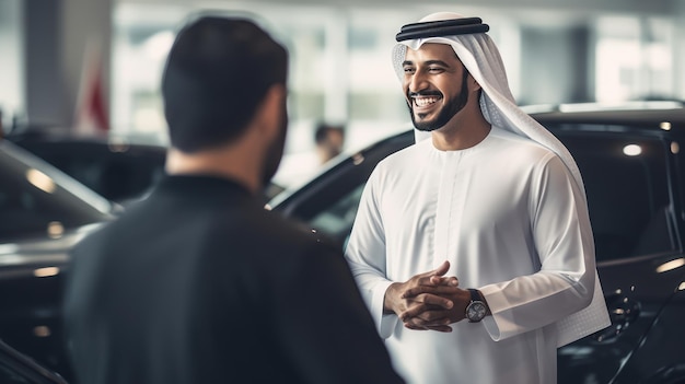 young Emirati businessman in UAE's traditional talking with salesman in the supercar showroom