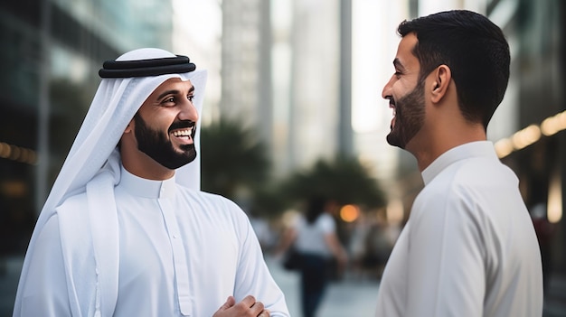 Young Emirati businessman in UAE talking with friends