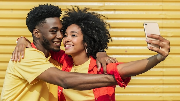 Photo young emotional african american man and woman in bright casual clothes on yellow background