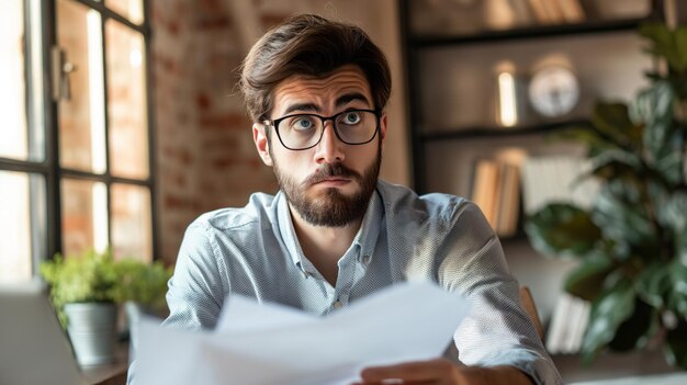 Young employee showing his salary document disappointed facial expression financial status frustration income job