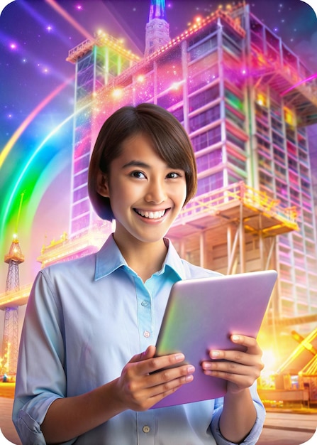 young employee using iPad smiling Indonesian face