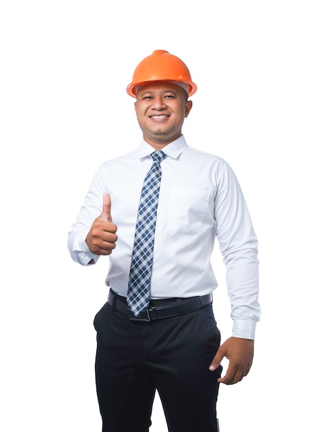 Young engineer or architect smiling happy thumbs up isolated on white background with clipping path