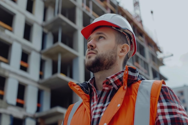 Foto giovane ingegnere sul cantiere in attrezzatura di sicurezza