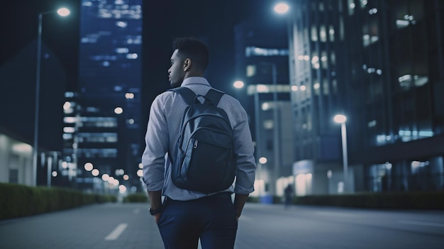 A young engineer strolling with his back on the streets of a cyber metropolis is seen in a full body shot The Generative AI