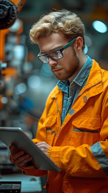 Foto un giovane ingegnere che studia un braccio robotico industriale su un tablet pc
