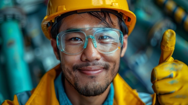 Young engineer wearing a safety helmet showing thumbs up in a safety accident in the industrial setting Yellow hard safety helmet for safety accidents and safety goggles and mask