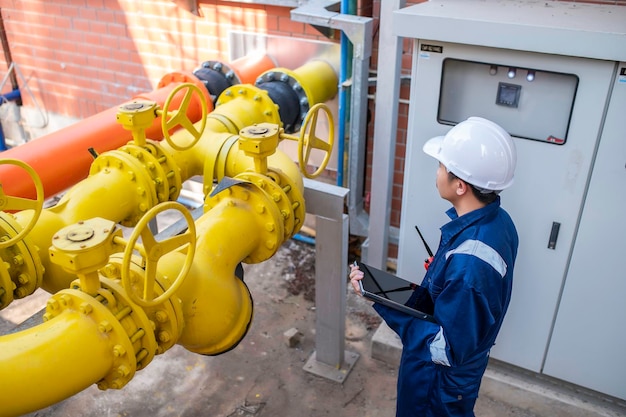 Young engineer working at large factoryTechnician in protective uniform and with hardhat checking temperature in pipes