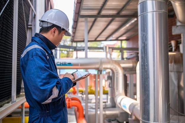 Young engineer working at large factoryTechnician in protective uniform and with hardhat checking temperature in pipes