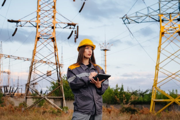 A young engineering worker inspects and controls the equipment of the power line. Energy.