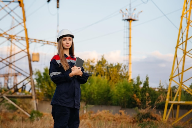 Un giovane ingegnere ispeziona e controlla l'attrezzatura della linea elettrica. energia.