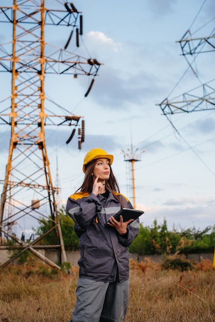 A young engineering worker inspects and controls the equipment of the power line