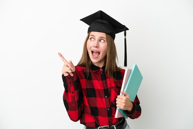 Young English student woman isolated on white background intending to realizes the solution while lifting a finger up